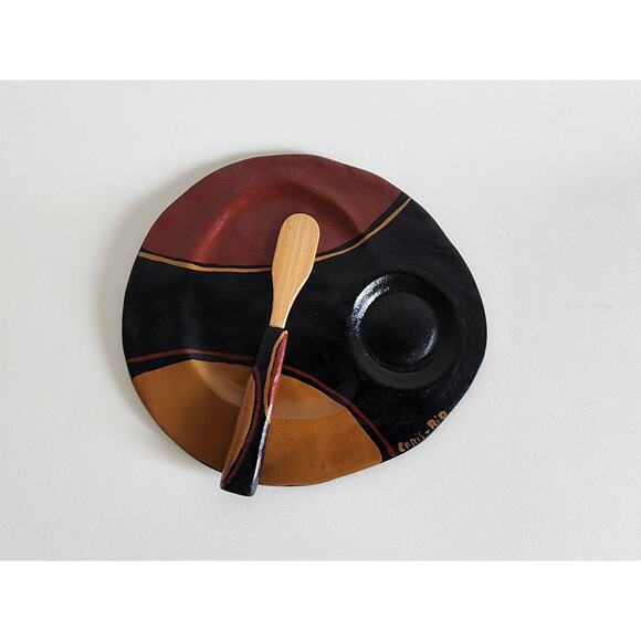 Chris-Rio Signed Ceramic Brie Cheese Plate & Spreader – Hand Painted - Picture 1 of 8